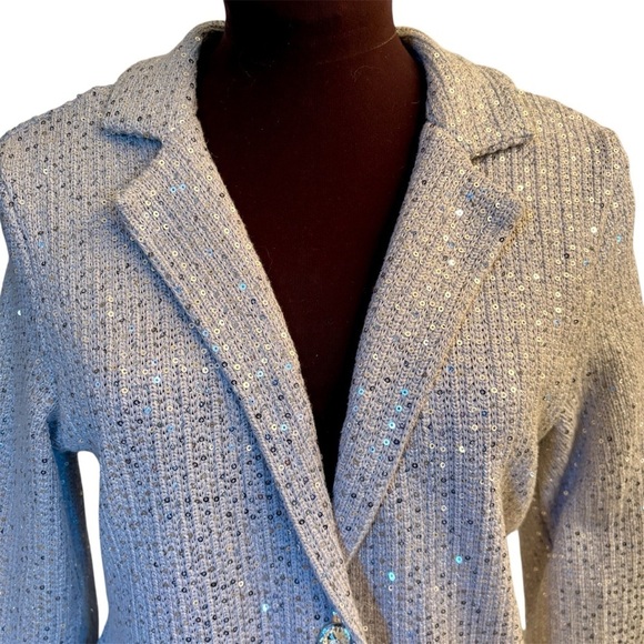 ECI New York Womens Silver Sequin Knit Jacket & Rhinestone Buttons Size Medium - Picture 5 of 13
